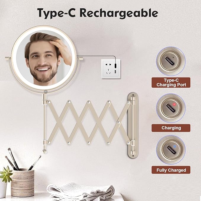 5000mAh Rechargeable Wall Mounted Makeup Mirror - 8 Inch Double Sided 1X/30X Magnifying Mirror with 3 Color Lights Dimmable Touch Screen, 360°Swivel 19.6 Inch Extendable Accordion Bathroom Mirror