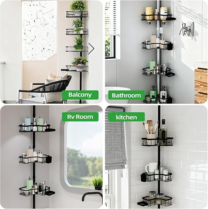 Corner Shower Caddy Tension Pole, 4 Tier Rust-Resistant Adjustable Bathroom Organizer Shelves, Bathtub Storage Rack with Soap Holder, No-Drill Install, Floor to Ceiling Rod 47-121 Inch, Silver