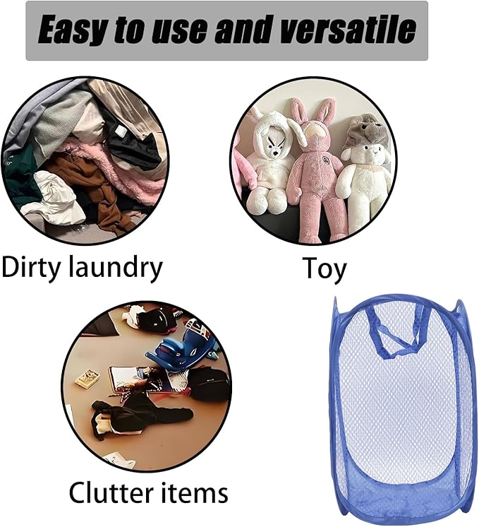 2Pcs Popup Mesh Laundry Baskets, Collapsible and Portable Laundry Hamper, Ideal for Travel and Home Use (Black & Dark Blue)