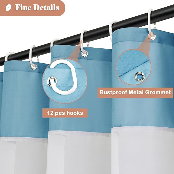 UFRIDAY Long Shower Curtain with Mesh Window 72 x75 inches,Light Blue Fabric Shower Curtain for Bathroom, Water Repellent,Rust Resistant Grommets, Fits Standard Bath Tub and Showers