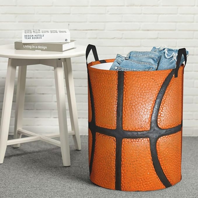 Basketball Ball Texture Round Laundry Hamper Storage Basket Toys Clothes Organizer Bin For Home Bathroom Bedroom Dorm Nursery, 38l