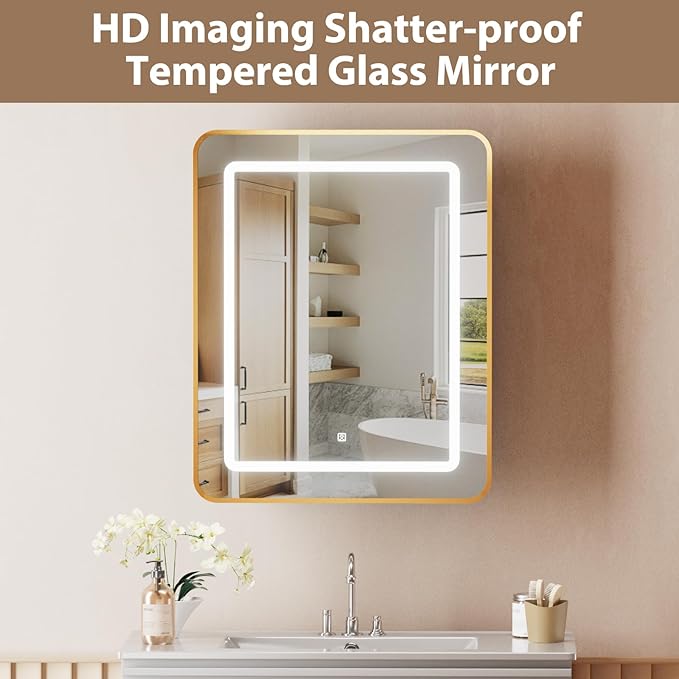 LOVMOR Led Medicine Cabinet with Mirror, Bathroom Vanity Mirror Cabinet with Shelves, 3-Color Lights Dimmer, Gold 30" H x 24" W