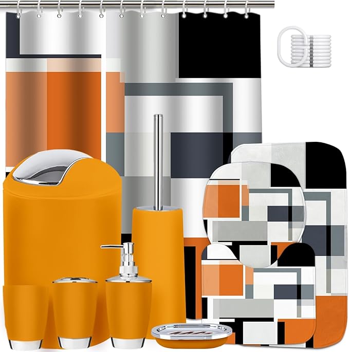 Lnond Orange Bathroom Set, 23-Piece Orange Black Geometric Bathroom Decor Set with with Shower Curtain and Rugs, Trash Can, Toilet Brush Holder Set & Soap Dispenser