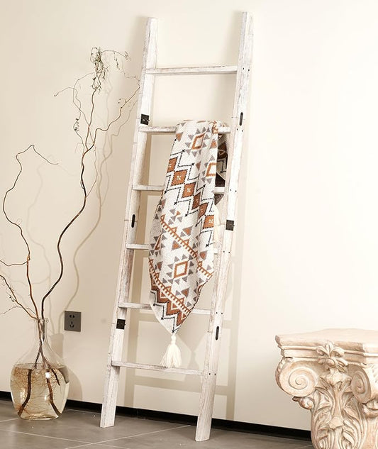 Blanket Ladder for The Living Room 6-Tier, Wooden Decorative Quilt Holder for Bed Room, Wall-Leaning Towel Rack for Bathroom，Rustic Farmhouse Ladders for Display. (White Wash)