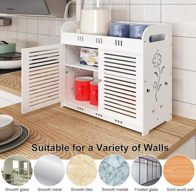 Bathroom Cabinet, Bathroom Wall Cabinet, Self-Adhesive Vent Doors Bathroom Shelf, Multi-Grid Tiers Hollow Flower Pattern Wall Mounted Bathroom Storage Rack for Bathroom, Laundry White