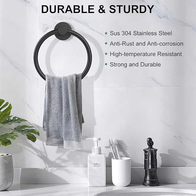 SetSail Towel Holder for Bathroom Wall Matte Black Towel Ring Stainless Steel Hand Towel Holder Heavy Duty Towel Hanger for Bathroom, 3 Packs