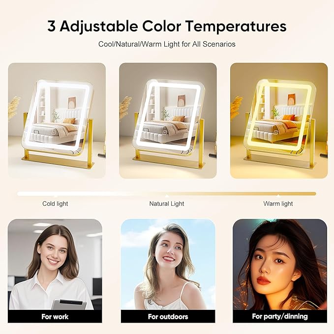 Vanity Mirror with LED Lights, 14.8x12.6 Inch Makeup Mirror, 3-Color Dimmable Touch Screen, 5X Magnification, 360° Rotation, Gold Tabletop Mirror for Bedroom Vanity