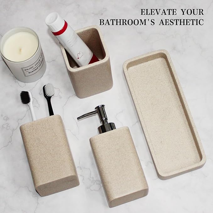 YMXYJM Bathroom Accessories Set, 4 Pcs Bathroom Accessory Set, Soap Dispenser, Toothbrush Holder, Qtip Holder Set, Bathroom Sets Complete, Bathroom Sink Set for Modern Home, Beige