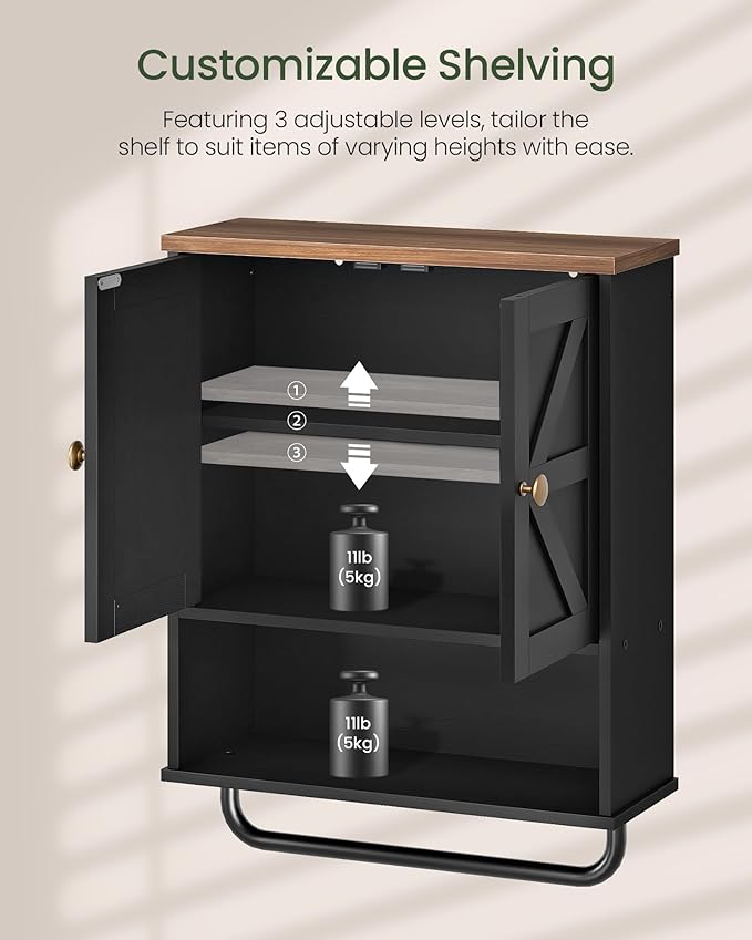 CHOEZON Bathroom Wall Cabinet, Medicine Cabinet with Open Partition and Towel Bar, Rustic Storage Cabinet with Open and Hidden Storage Space, for Bathroom, Living Room, Kitchen, Black and Walnut
