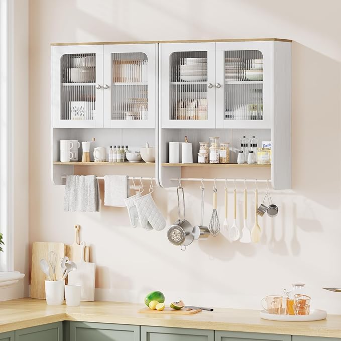 Fluted Bathroom Cabinet Wall Mounted with Towel Bar, Hanging Medicine Cabinet Organizer for Bathroom Storage w/ Motion Sensor LED Light, White Over Toilet Storage Cabinet w/ 2 Door, Adjustable Shelf