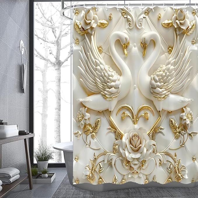 NBVKO 4Pcs White Swan Rose Reliefs Printed Shower Curtain Set with 12 Hooks Non-Slip Rugs,Toilet Lid Cover and Bath Mat, Stylish Bathroom Decor for Hotel & Home Bathroom