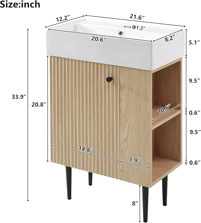 Virubi 21.6 in Small Bathroom Vanity with Sink,Doors and Storage Shelves,Wood Modern Single Fluted Bathroom Sink Cabinet Freestanding (Natural Wood,Right Shelf)