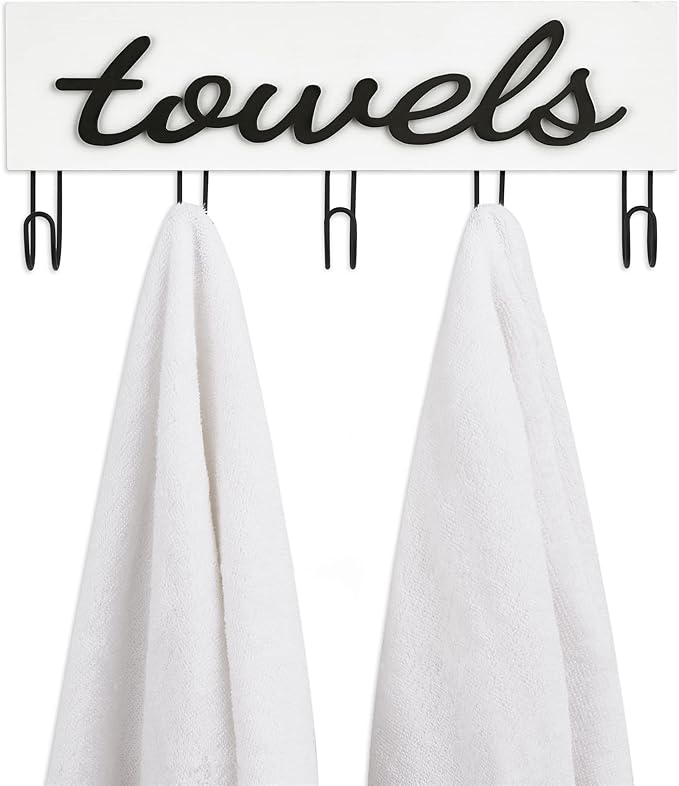 Mkono Towel Holder Wall Mounted Towel Rack Bathroom Decor Rustic White Wood Towel Hooks to Hang Towels Bathroom Robe Coat Clothing, Bath Towel Hanger Storage Home Decor Organizer,Small