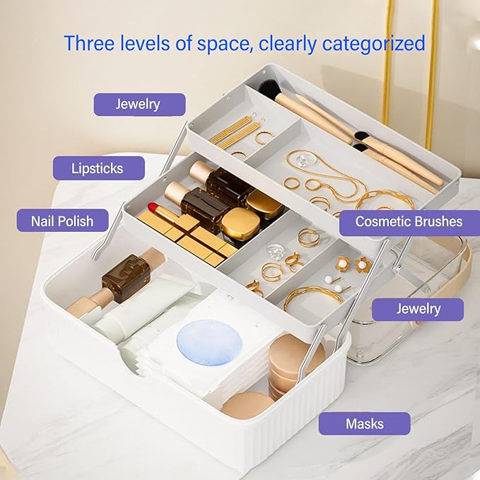 TOPINCN 3 Layer Makeup Storage Box for Women, Large Craft Organizer with Handle, Portable Cosmetic Case Organizer, Multipurpose Plastic Sewing Tool Box, Suitable for Home Travel Use