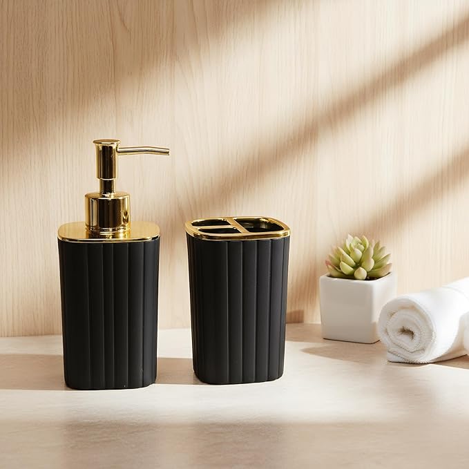 2Pack Bathroom Accessories Set, Black Gold Bathroom Set. Bathroom Toothbrush Holder Set, Includes Dispenser and Toothbrush Holder. Bohemian Bathroom Accessories