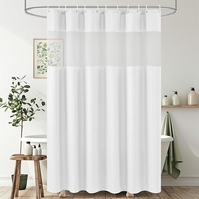 UFRIDAY Long Shower Curtain 72x78 inch, White Waffle Weave Bath Curtain with Mesh Top Window,78 inch Long Fabric Cloth Shower Liner Machine Washable Shower Curtain for Bathroom