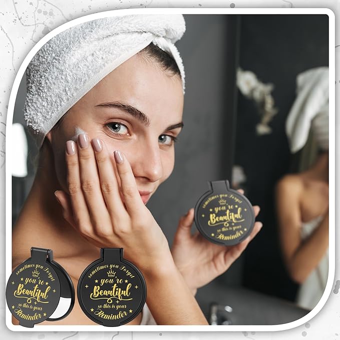 100 Pcs 2.76 Inch Inspirational Compact Mirror Bulk Women Small Gifts Graduation Party Favors Purse Mirror Pocket Mini Stuffer Items for Adult Coworker Cheerleader Employee (Black)