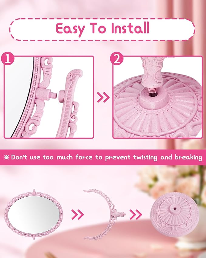 XPXKJ Pink Vintage Vanity Mirror Shabby Chic Decor | 360° Rotating Double-Sided Table Makeup Mirror with Stand Bedroom Decoration Perfect for Tabletop, Desk, Or Makeup Station