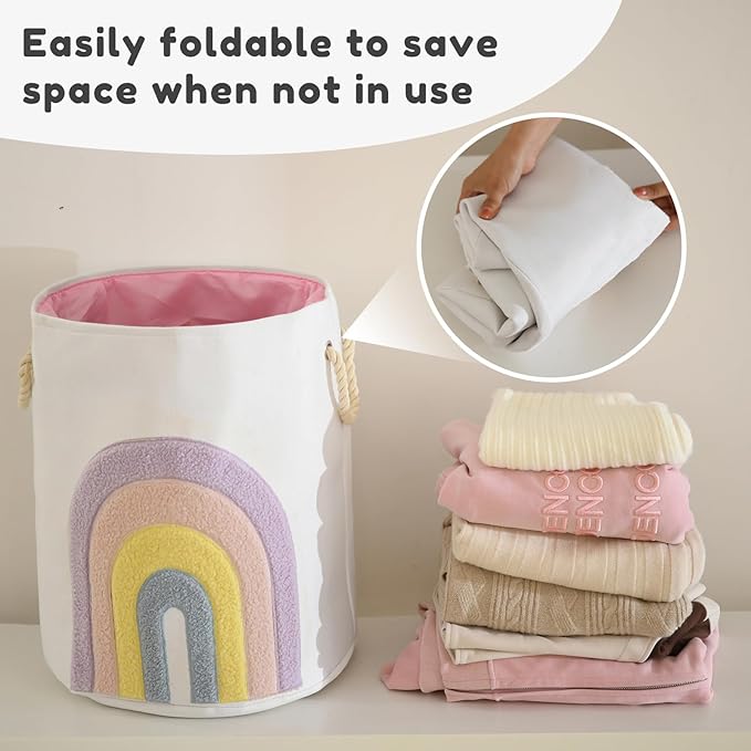 INough Pink Baby Hamper, XL Canvas 58L Laundry Basket with Drawstring Closure, Boho Rainbow Decor