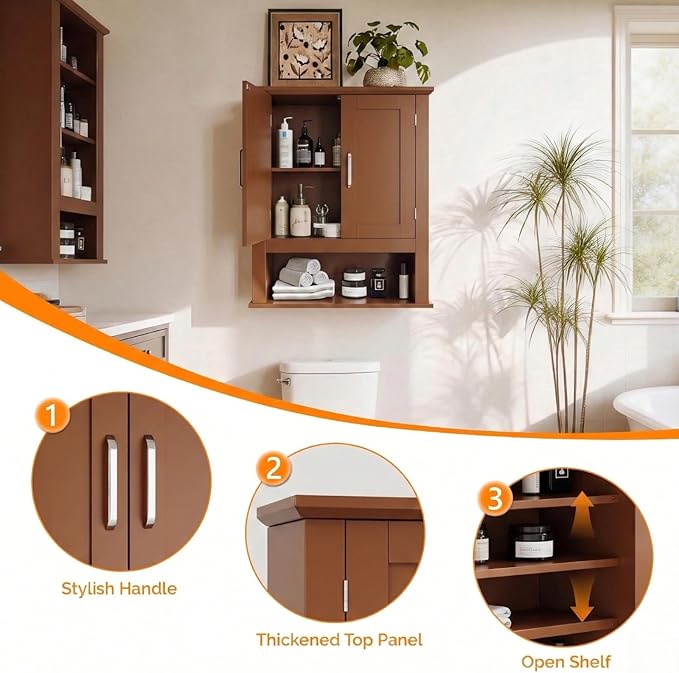 VINGLI Bathroom Wall Cabinet, Black Wall Mounted Storage Cabinet for Bathroom Over The Toilet, Medicine Cabinet with 2 Doors and 3-Height Adjustable Shelf & Open Shelf, Painted MDF, Space Saving