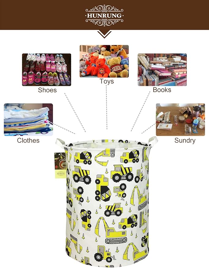 HUNRUNG Laundry Hamper,Large Canvas Fabric Lightweight Storage Basket Toy Organizer Dirty Clothes Collapsible Waterproof for College Dorms, Children Bedroom,Bathroom???Round Engineering???