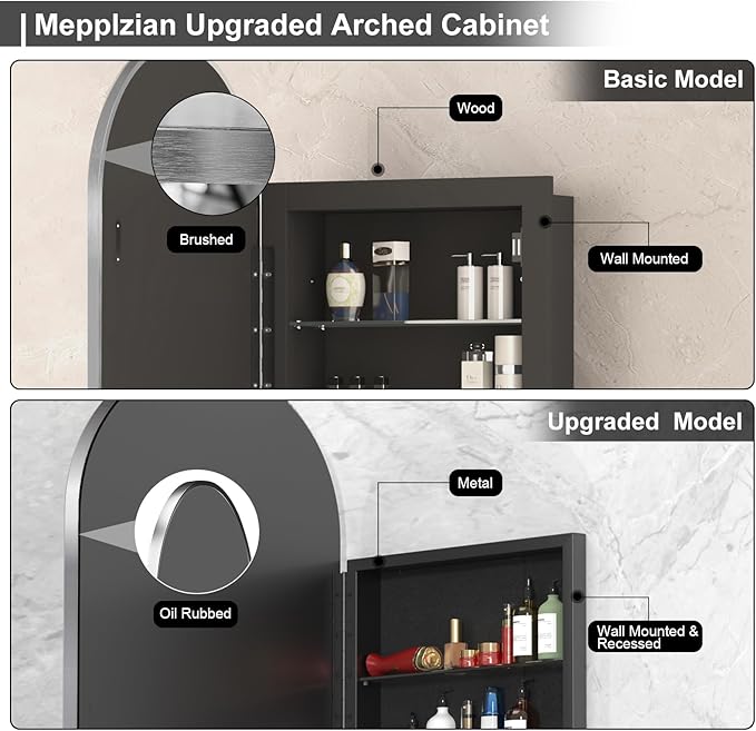 20x31 Inch Arched Medicine Cabinet with Mirror - Metal Framed Recessed Bathroom Storage, Recessed Arched Medicine Cabinet for Bathroom ,Oil Rubbed Nickel Finish, Rust-Resistant ,Adjustable Shelves
