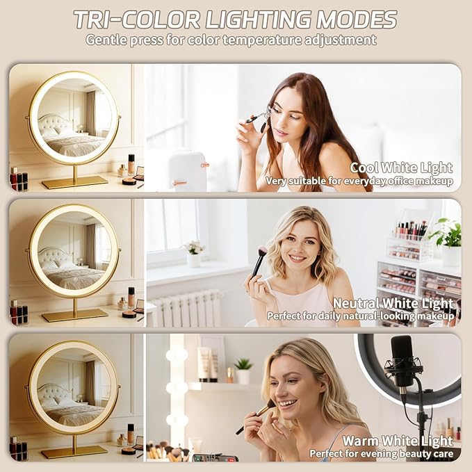 15.8-inch Round Makeup Mirror with Lights, 360° Rotating LED Three-Color Lights with Adjustable Brightness. Desktop Vanity Mirror (Gold).
