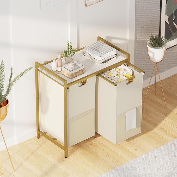Huhote Laundry Hamper, double Laundry Basket, Laundry Sorter with Top Shelf & 2 Removable Washable Bags & Side Pockets for Laundry Room organization, Bathroom and Dorm, Gold and White