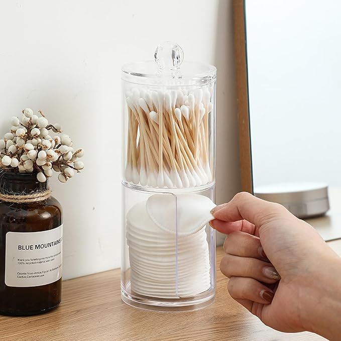 10oz Clear Plastic Cotton Round Holder Organizer - Shatterproof Vertical Makeup Pad Dispenser Canister with Lid for Bathroom Vanity Storage, Apothecary Jar for Face Cleaning Pads & Skincare