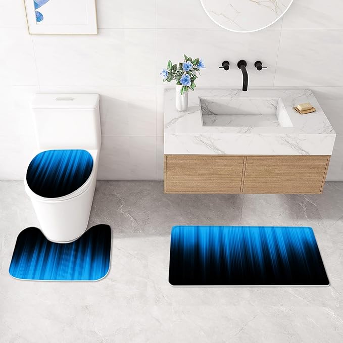 Litabel 4 Pcs Blue and Black Gradient Shower Curtain Set with Rugs and Toilet Lid Cover, Modern Simple Waterproof Fabric Bathroom Set, Ombre Stripe Gothic Abstract Bathroom Decor Set Accessories