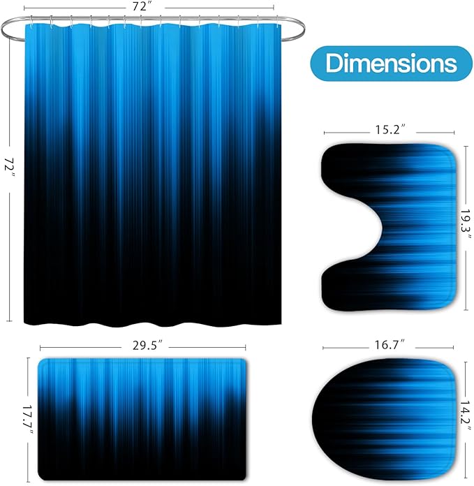 Litabel 4 Pcs Blue and Black Gradient Shower Curtain Set with Rugs and Toilet Lid Cover, Modern Simple Waterproof Fabric Bathroom Set, Ombre Stripe Gothic Abstract Bathroom Decor Set Accessories