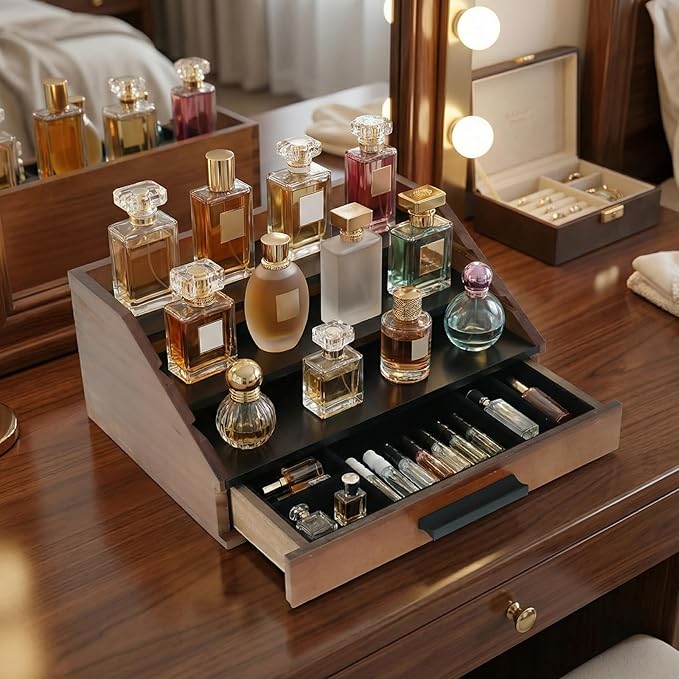 Cologne Organizer for Men - 3-Tier Wooden Perfume Shelf Stand with Drawer, Perfume Display & Storage Tray for Dresser, Black & Brown, 11"x4.7"x7.9"