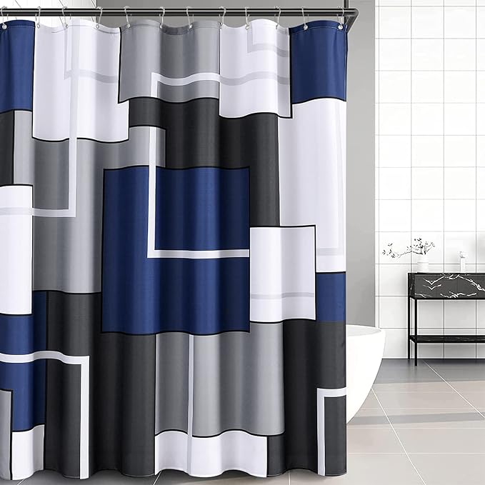 Hokibero Navy Blue Shower Curtain Set with Hooks Shower Curtain for Bathroom Fabric Abstract Geometric Decorative Gray 84 Inches Water Repellent 72x84