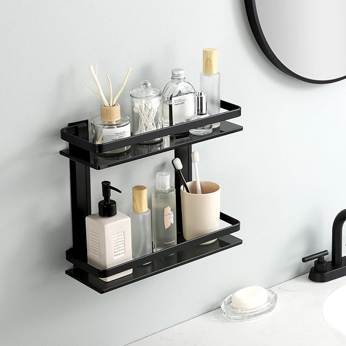 KES 2 Tier Bathroom Glass Shelves, Black Extra Thick Tempered Glass Rectangular, Aluminum Double Shelves Wall Mounted, BGS4126B-BK