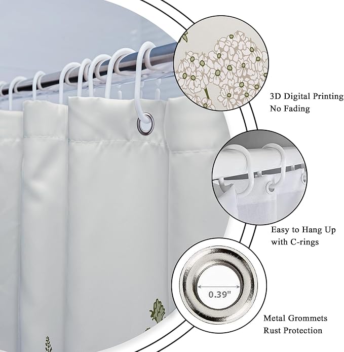 Riyidecor Wildflower Botanical 4Pcs Bathroom Shower Curtain Sets Floral Flower Herbs Green Leaf Bathroom Decor Set with Rugs and Accessories Plant Toilet Lid Rug, Contour and Bath Mat with 12 Hooks