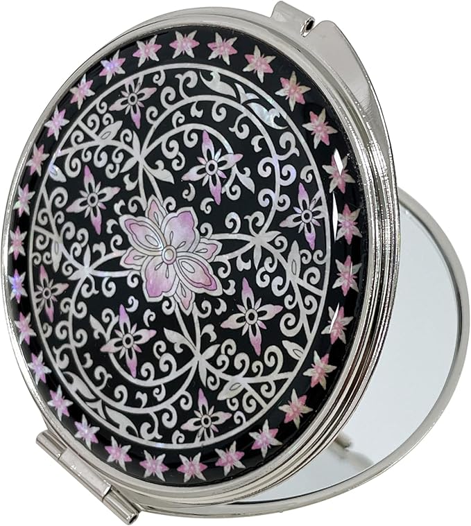 Portable Makeup Compact Double Magnifying Mirror Cosmestic Foldable Pocket Style Unique Mother of Pearl Design (Ivy)