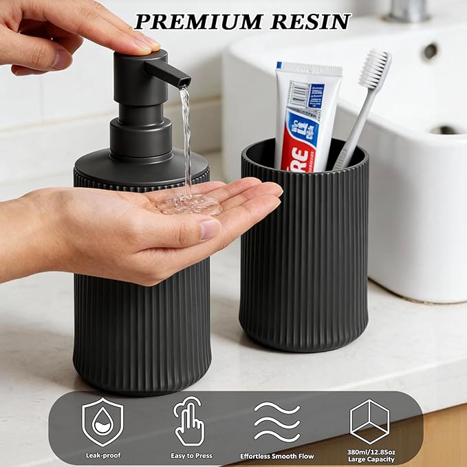 Bathroom Set Accessories, Black Plastic Soap Dispenser and Toothbrush Holder, 2-Piece Bathroom Counter Set for Modern Decor.