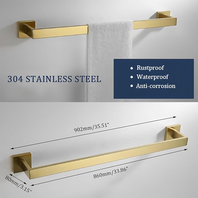 SEIDO 36 Inch Brushed Gold Towel Bar, Heavy Duty & Rust-Proof 304 Stainless Steel Bath Towel Holder, Modern Square Wall Mounted Towel Rack for Bathroom, Kitchen, RV