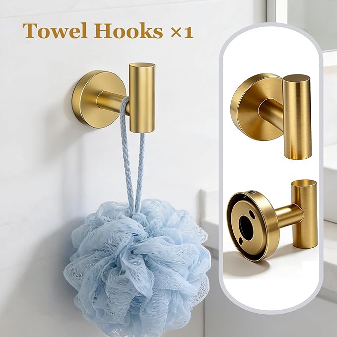 5-Pieces Wall Mount Bathroom Accessories Bathroom Hardware Set,22 Inch Stainless Steel Waterproof Towel Bars,Toilet Paper Holder with Shelf,Towel Ring,Coat Hook (Brushed Gold 5PC - Round)