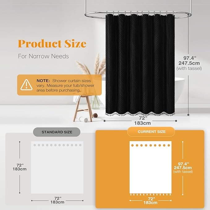 BTTN 96 Long Shower Curtain, 72x96 Extra Tall Boho Tufted Textured Striped Tassel Shower Curtain Set with Hook, Farmhouse Vintage Aesthetic Country Shabby Chic Shower Curtains for Bathroom, Black