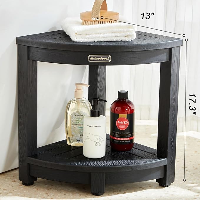 KaimuBench Shower Bench for Inside Shower, Poly Lumber Corner Shower Stool, Plastic Bathroom Bench Seat for Shaving Legs, Shower Chair Seat, Shower Foot Rest with Adjustable Feet, Non-Slip, Black