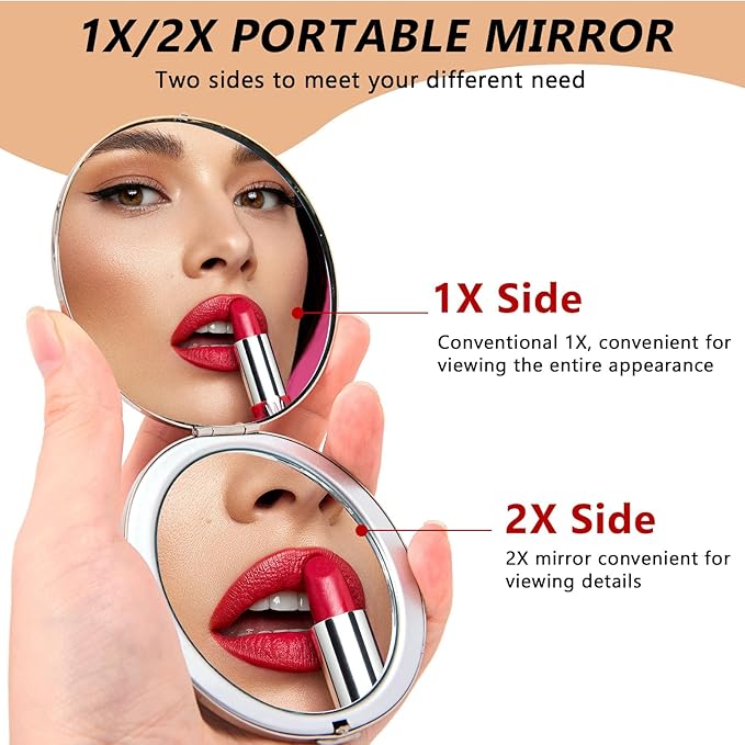 Oval Mini Portable Metal Folding Mirror, Beautiful and Elegant, Sturdy and Durable, 1X/2X Magnifier. (Oval Pattern Silver)
