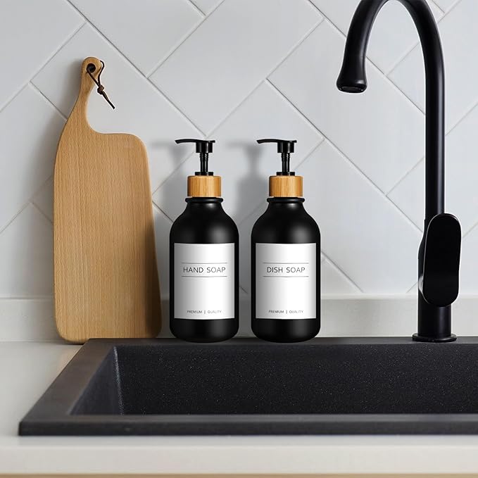 KASUNTING Hand Soap Dispenser Bathroom, Black Dish Soap Dispenser for Kitchen, 17 Fl Oz Plastic Hand and Dish Soap Dispensers Set with Bamboo Pump, 2 Pack Refillable Liquid Lotion Containers Bottle