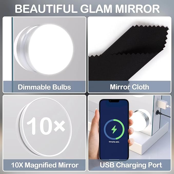 Gvnkvn Vanity Mirror with Lights, 22.8WX18.2L Tabletop Hollyhood Makeup Mirror with USB & Type-C Charing, Hollywood Lighted Mirror with 20 LED Bulbs,Touch Control,Metal Frame,Gold