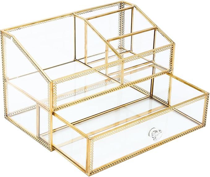 Vintage Gold Makeup Organizer - Glass Makeup Organizer Countertop Organizer for Make-Up Brushes Vanity, Tabletop Organizer Display Case for Bathroom, Vanity, Drawers GJB002