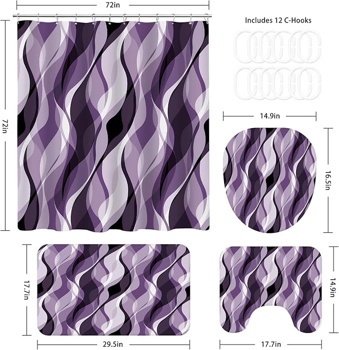4PCS Purple Bathroom Sets with Shower Curtain and Rugs, Lavender Abstract Striped Shower Curtain Sets with Rugs, Modern Luxury Bathroom Curtains Shower Set with Toilet Lid Cover