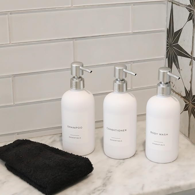 Stylish Shampoo and Conditioner Dispenser Set of 3 - Modern 21oz Shower Soap Bottles with Pump and Labels - Easy to Refill Body Wash Dispensers for an Instant Bathroom Decor Upgrade - White