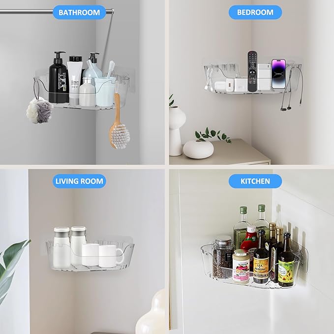 Acrylic Corner Shower Caddy, Strong Adhesive Shower Organizer Clear Wall Mounted Bathroom Shelf No Drilling Basket Rack for Bathroom Kitchen Dorm Toilet