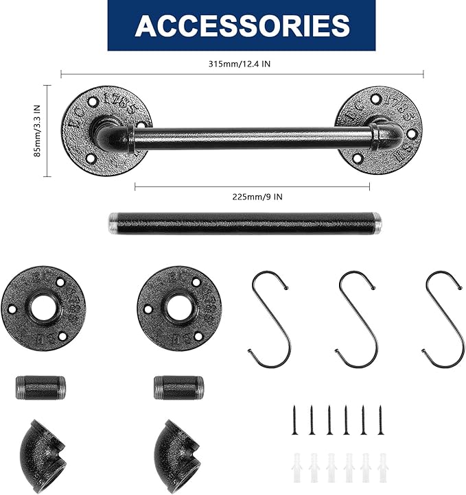 NearMoon Industrial Pipe Towel Bar, Heavy Duty Bathroom Hardware Towel Holder Accessory, Wall Mounted DIY Rustic Iron Bathroom Towel Rack Holder (9 Inch, Black)