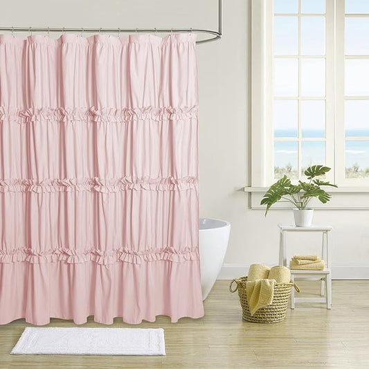 Farmhouse Ruffle Shower Curtain with Handmade Ruched, Vintage Ruffled Fabric Bathroom Curtains, Decorative Elegant Bathroom Curtain with 12 Holes, Peach Pink, 72" W x 72" H(N60049)